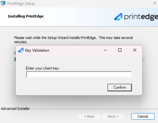 Janela de validação de chave no instalador PrintEdge