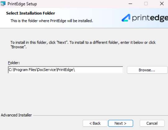Tela de seleção do diretório de instalação do PrintEdge