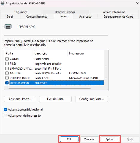 Propriedades da impressora com porta BluDriver selecionada
