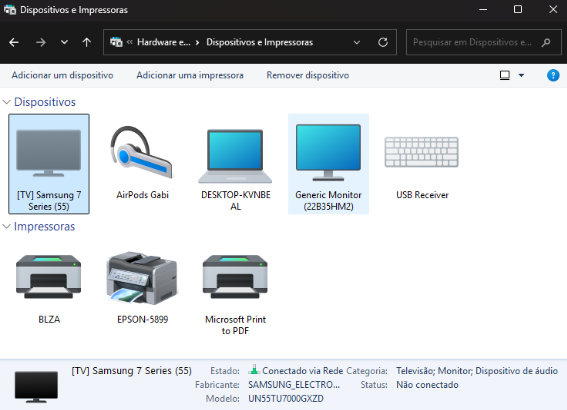 Janela Dispositivos e Impressoras do Windows