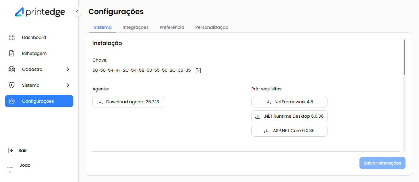 Tela de Configurações do Portal PrintEdge com a chave de instalação