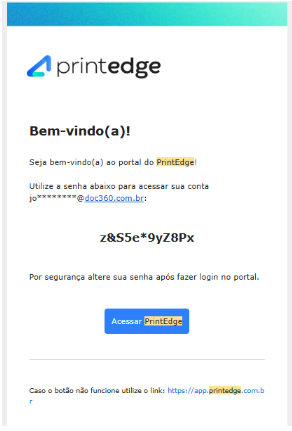 Exemplo de e-mail de boas-vindas ao Portal PrintEdge
